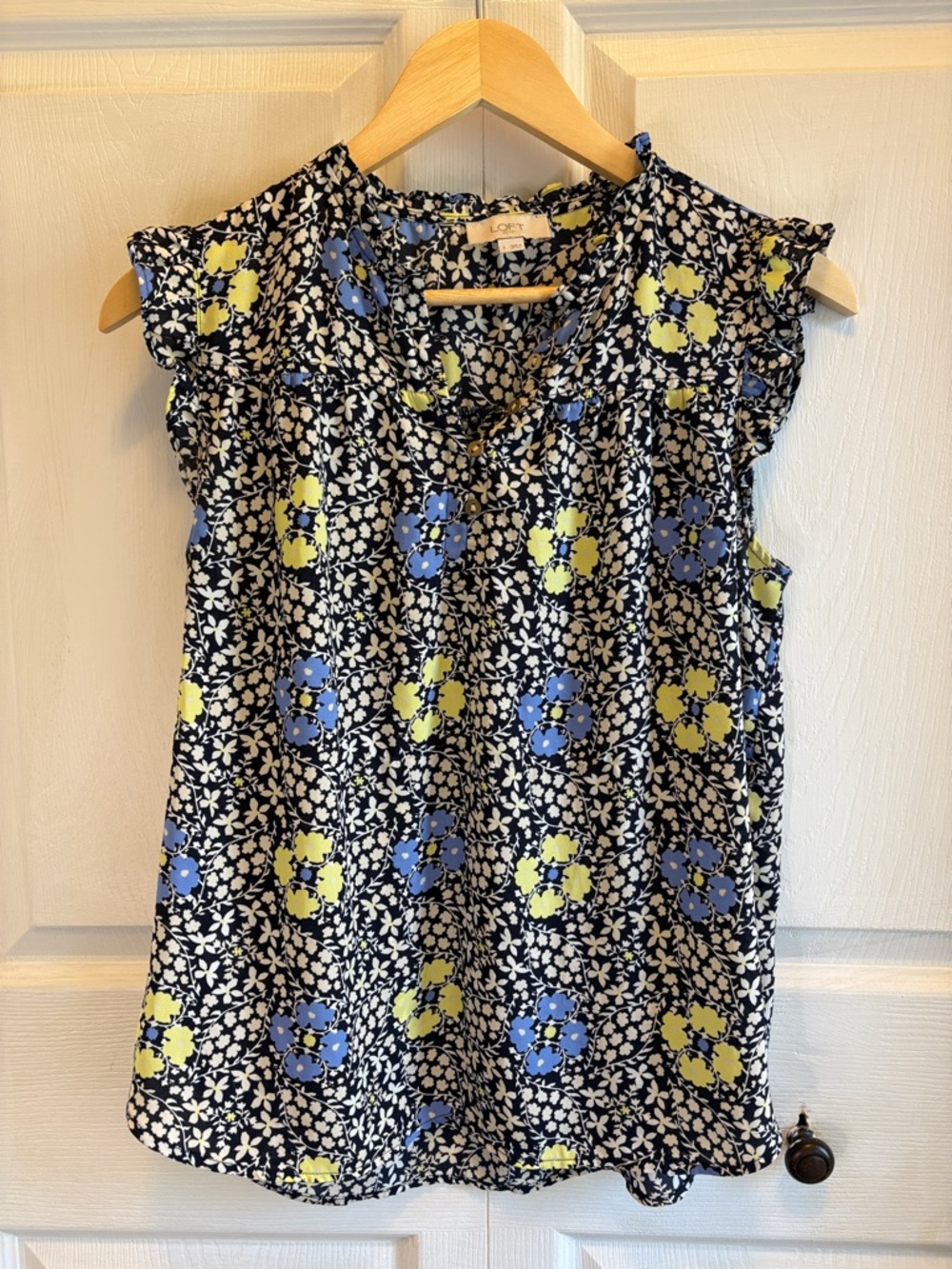 LOFT Navy Floral Ruffle Sleeve Camisole with Blue and Yellow Flowers